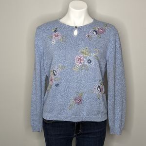💥5/$25 Alfred Dunner blue floral embroidered sweater M